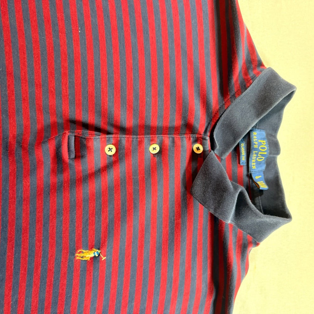 Polo Ralph Lauren Polo Shirt Mens Large Classic Fit Striped Cotton Navy Burgundy